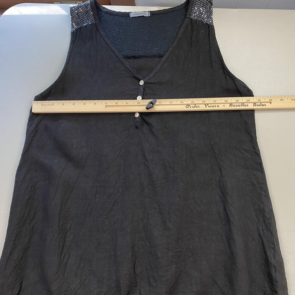 Angela Mara Linen Shift Dress Womens Large Black Sequin Trim Lagenlook Flowy - Picture 7 of 12